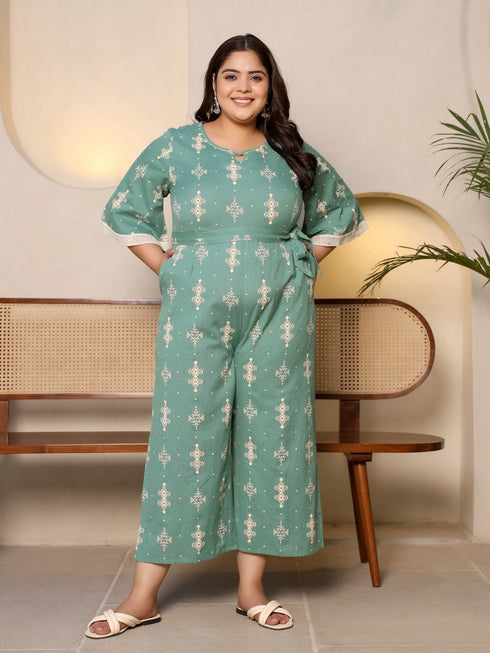Jashvi Sage Green Geometric Printed Cotton Flex Jumpsuit With Zip Closure